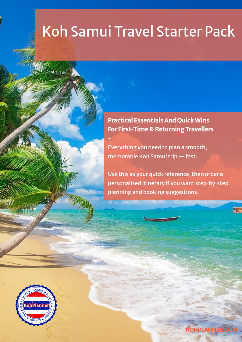 A tropical beach scene with palm trees, clear blue water, and boats, featuring overlay text promoting a Koh Samui travel starter pack for first-time and returning travelers.